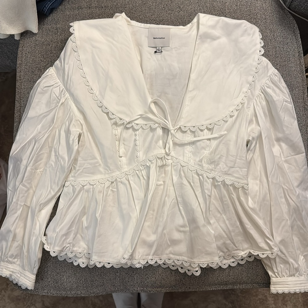 Reformation White Peplum Tie-Front Blouse with Scalloped Trim - Picture 6 of 11